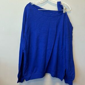 Woman’s navy blue sweater. Over the shoulder and off shoulder sleeves. Size L/20